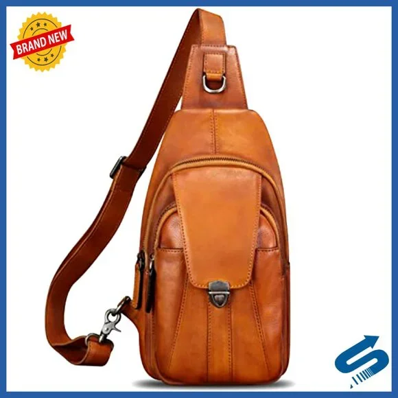Genuine Leather Crossbody Sling Backpack Daypack with 5 Pockets